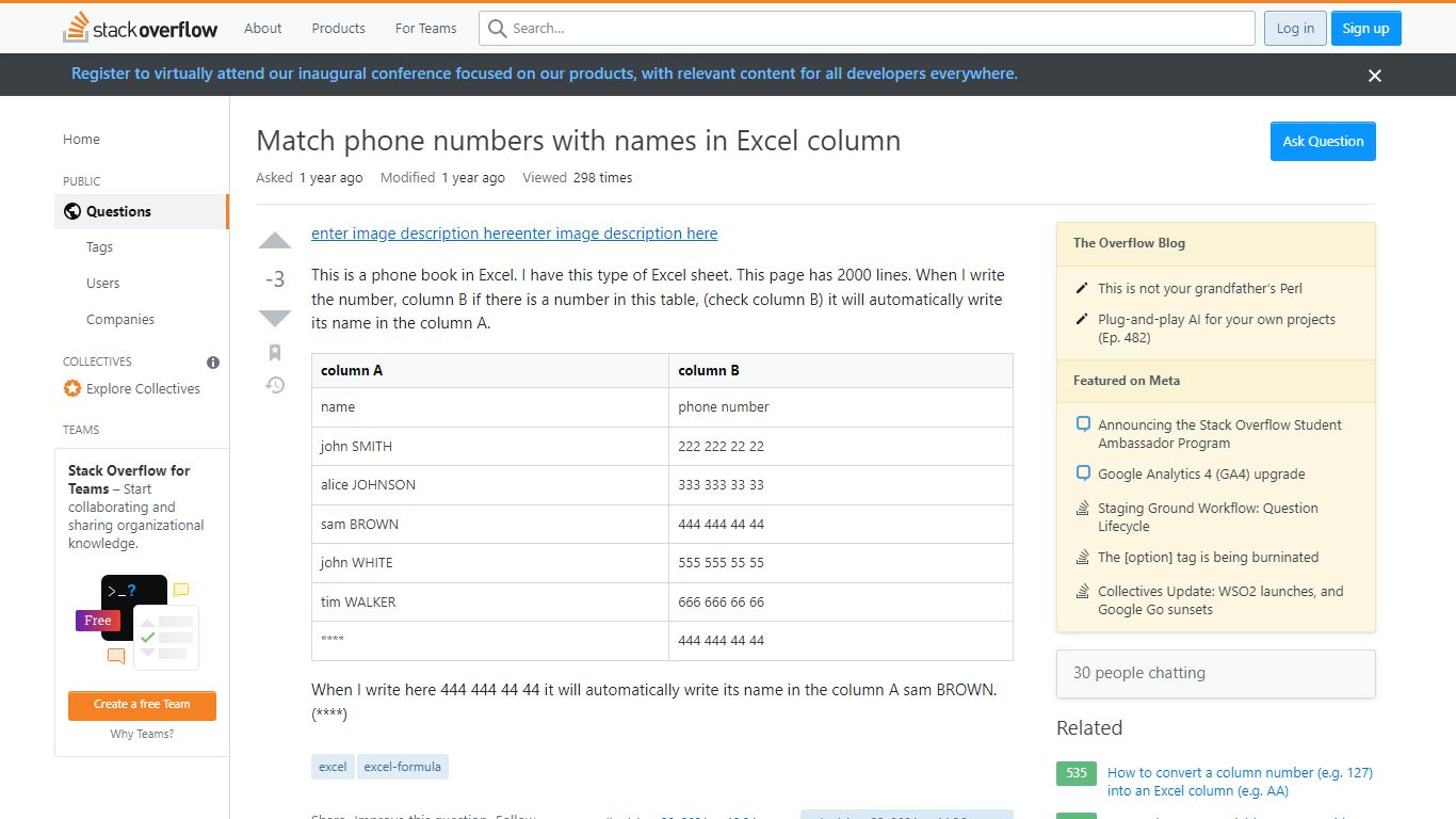 Match phone numbers with names in Excel column - Stack Overflow